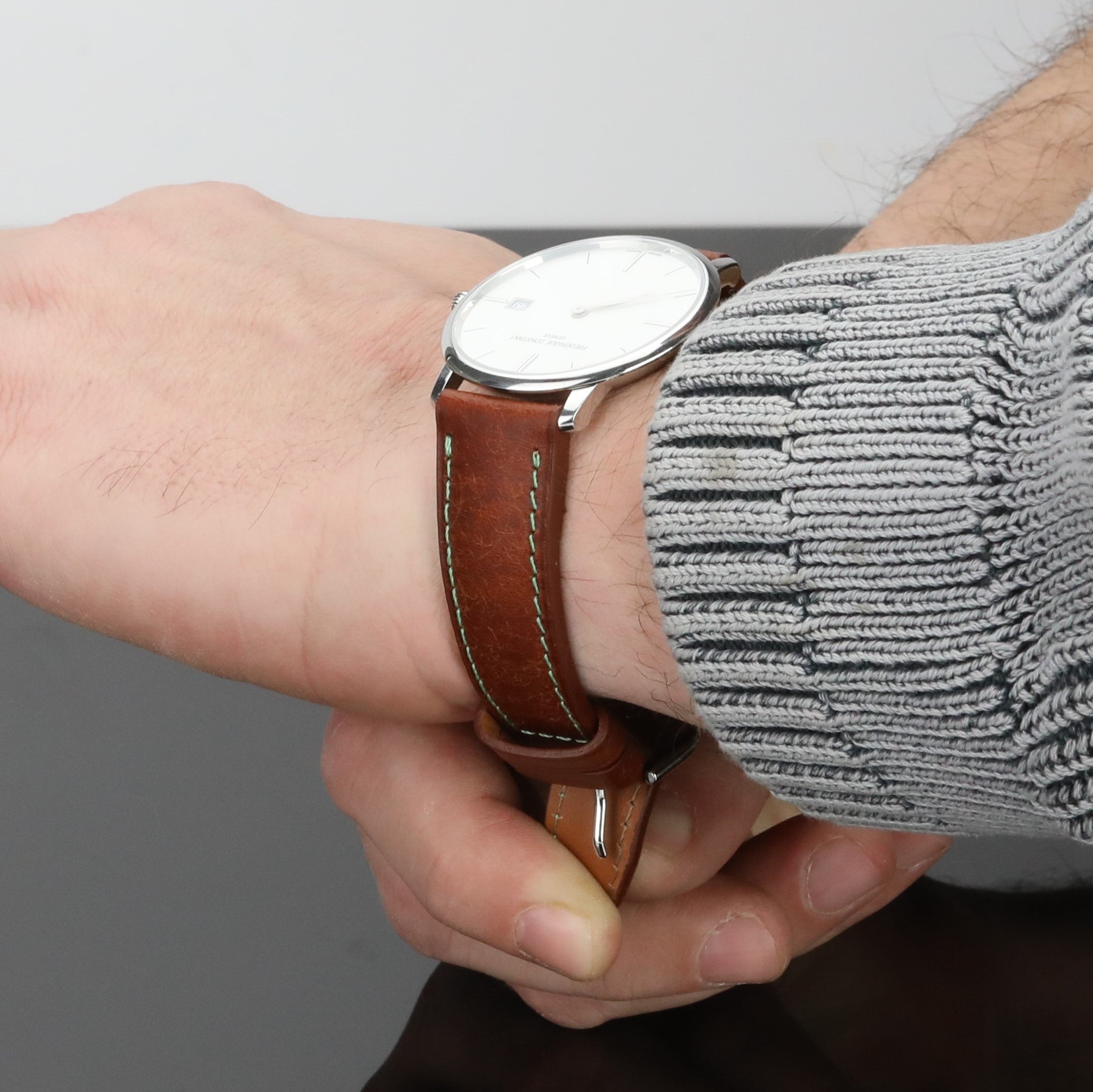 Pueblo Leather Strap - Brown with Green Stitches