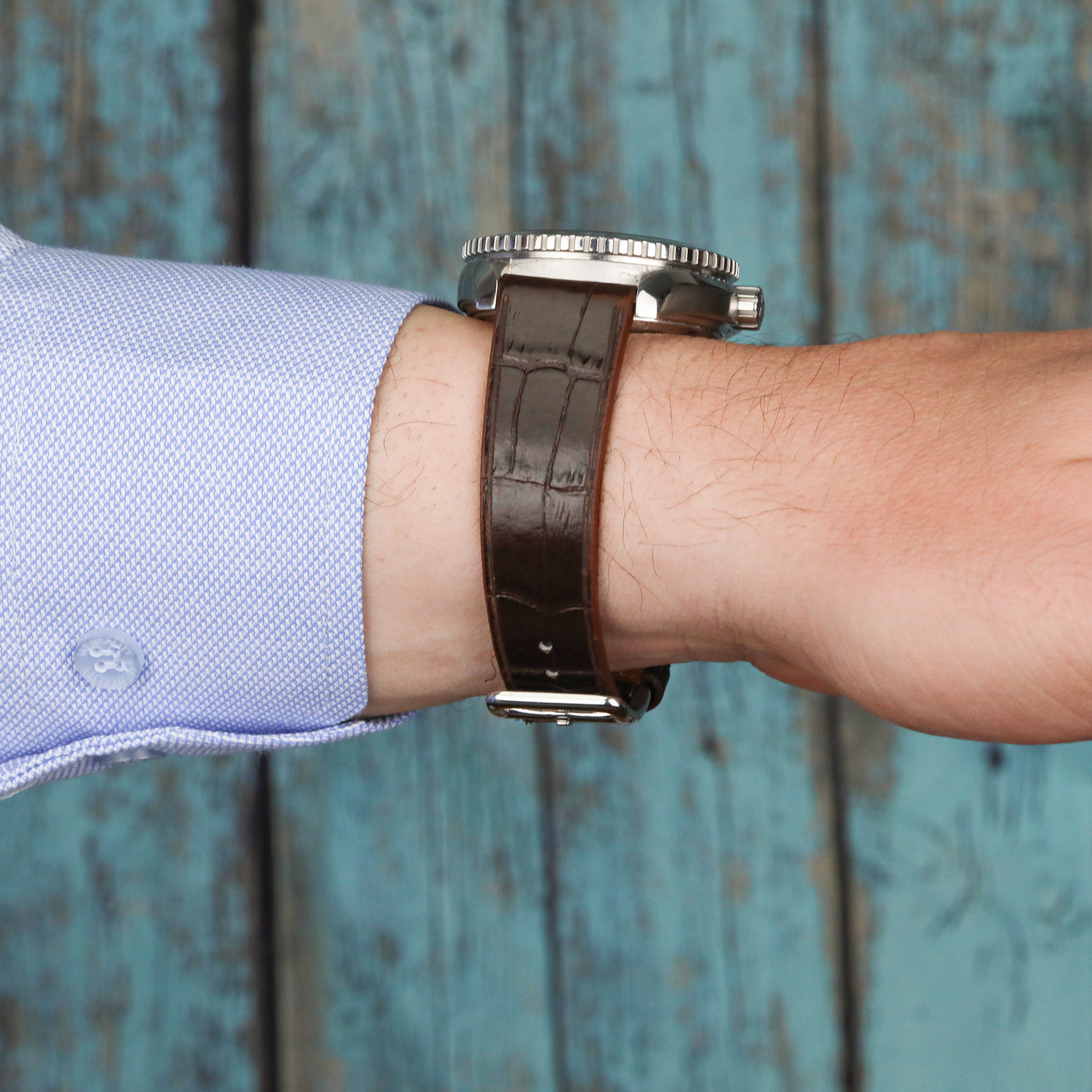Croc. Embossed Leather Strap - Brown