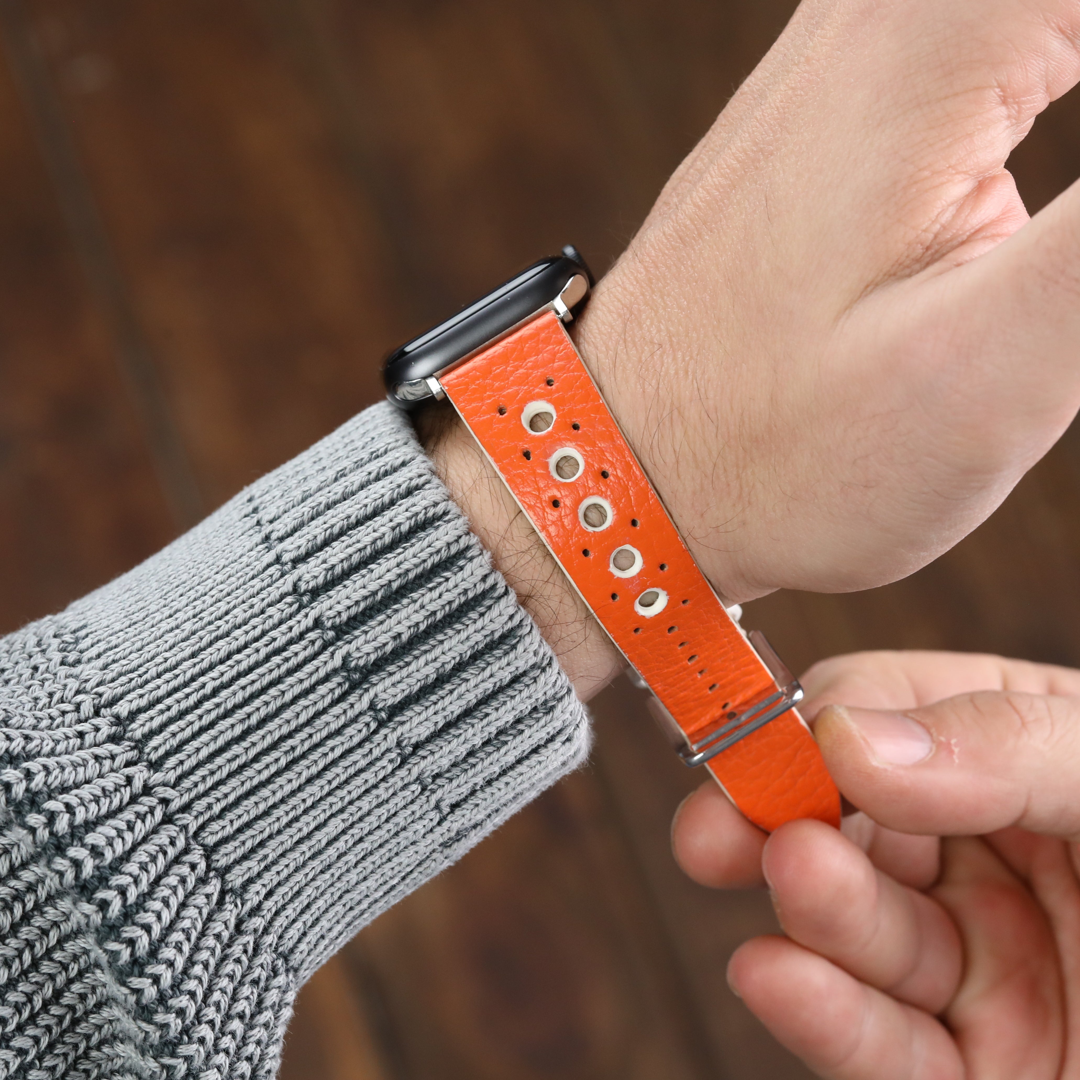 Apple Watch Compatible Leather Strap - Orange