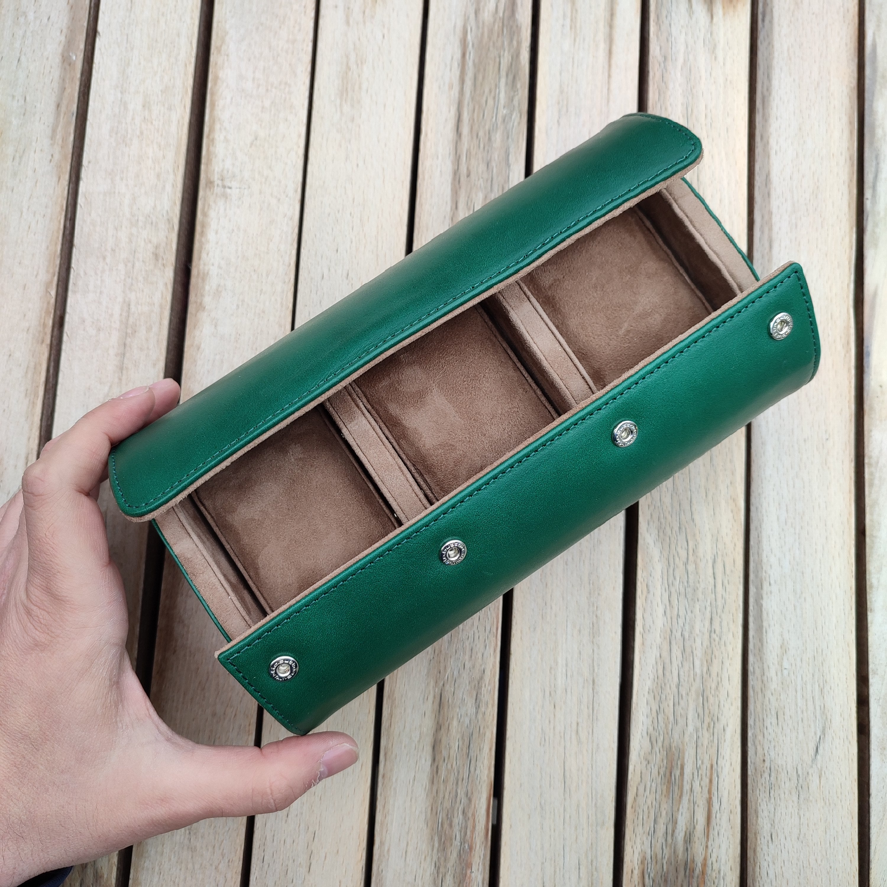 Angora Leather Watch Roll for 3 - Green