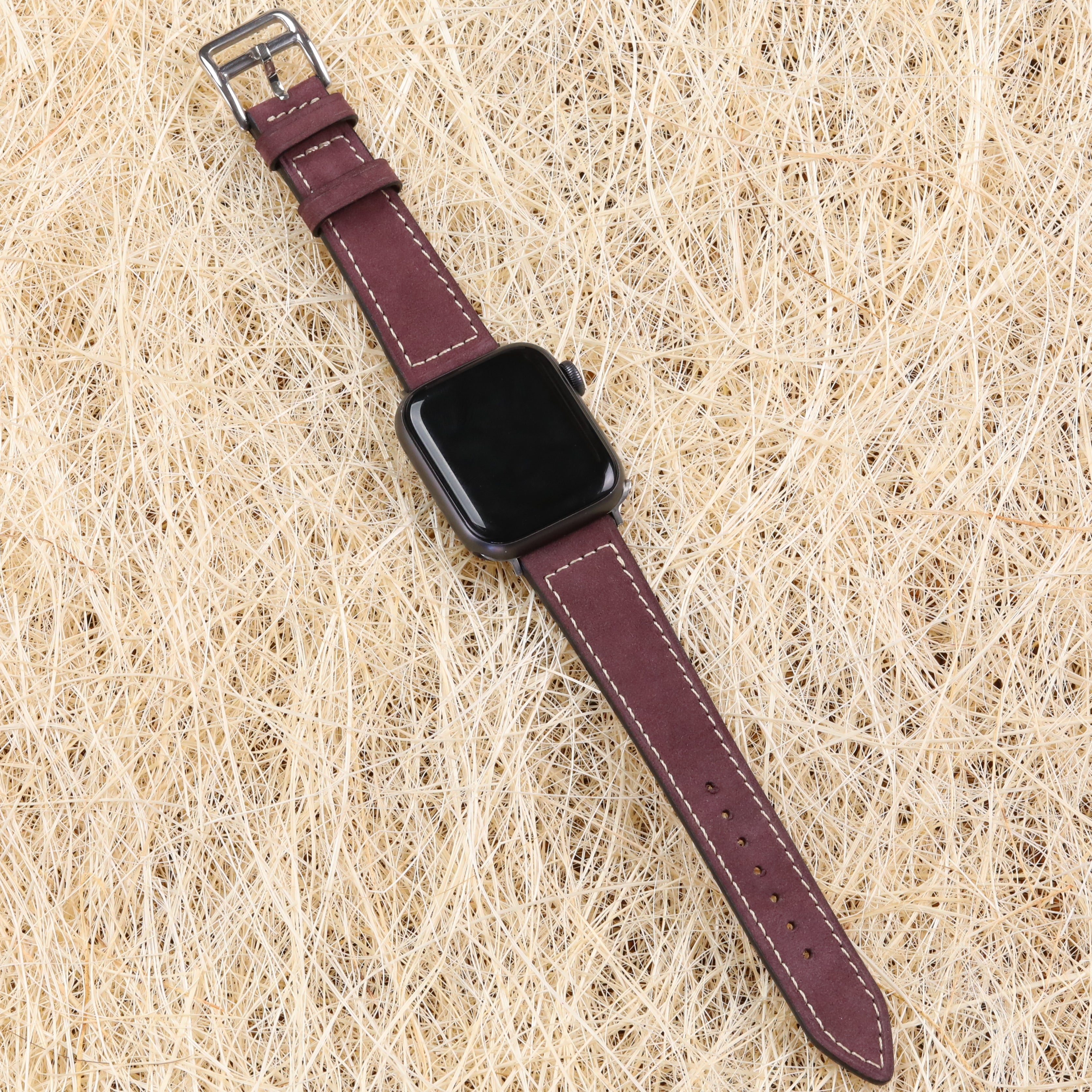 Apple Watch Compatible Leather Strap - Nubuck Burgundy