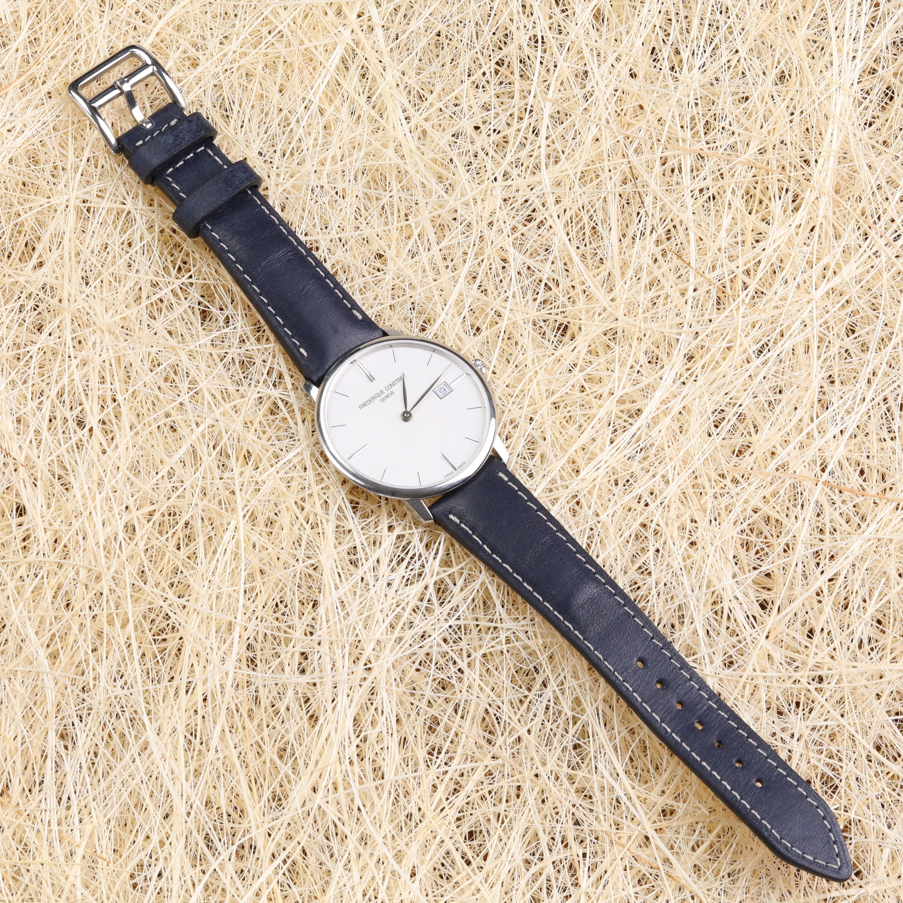 Pueblo Leather Watch Strap - D.  Blue / White