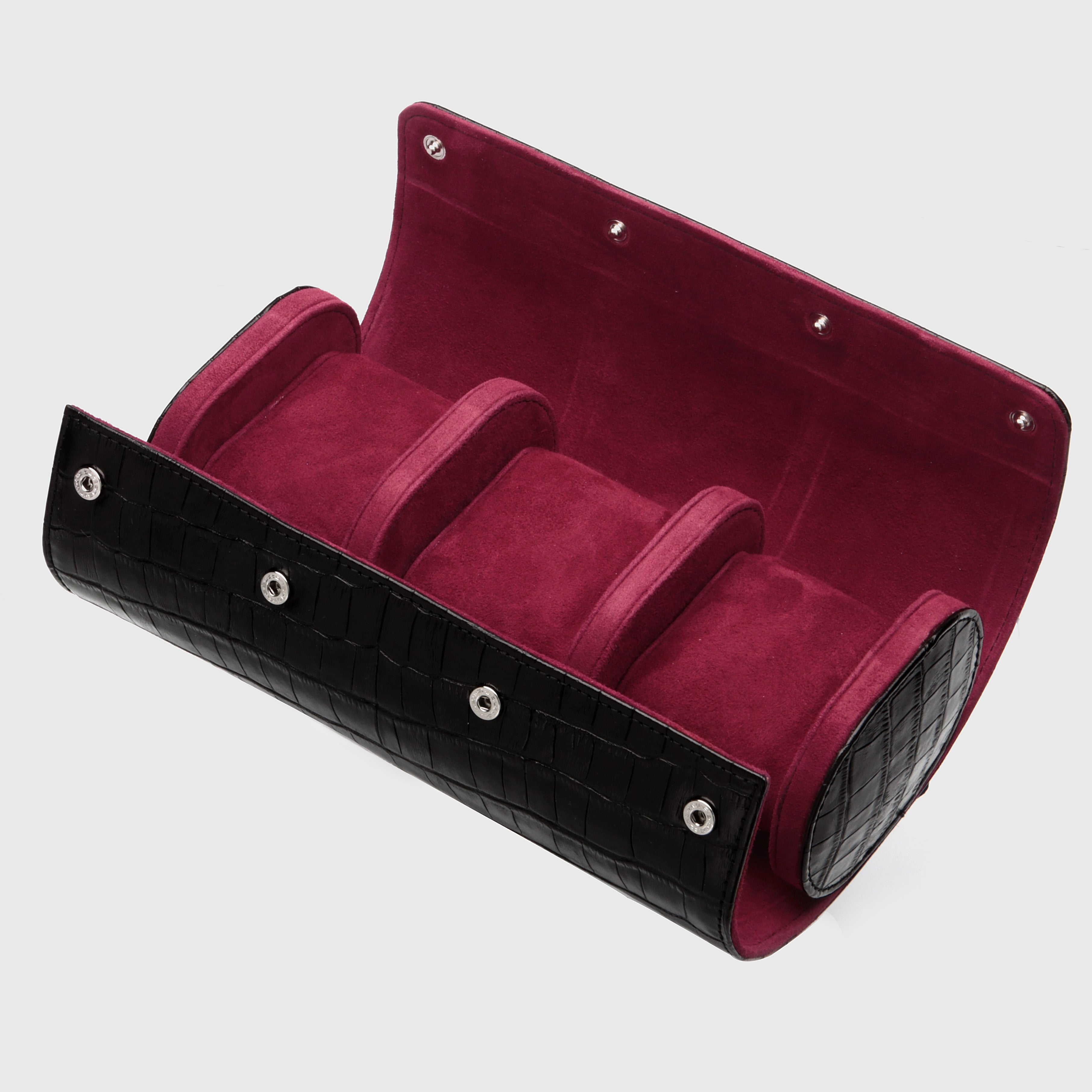 Angora Leather Watch Roll for 3 - Black / Burgundy