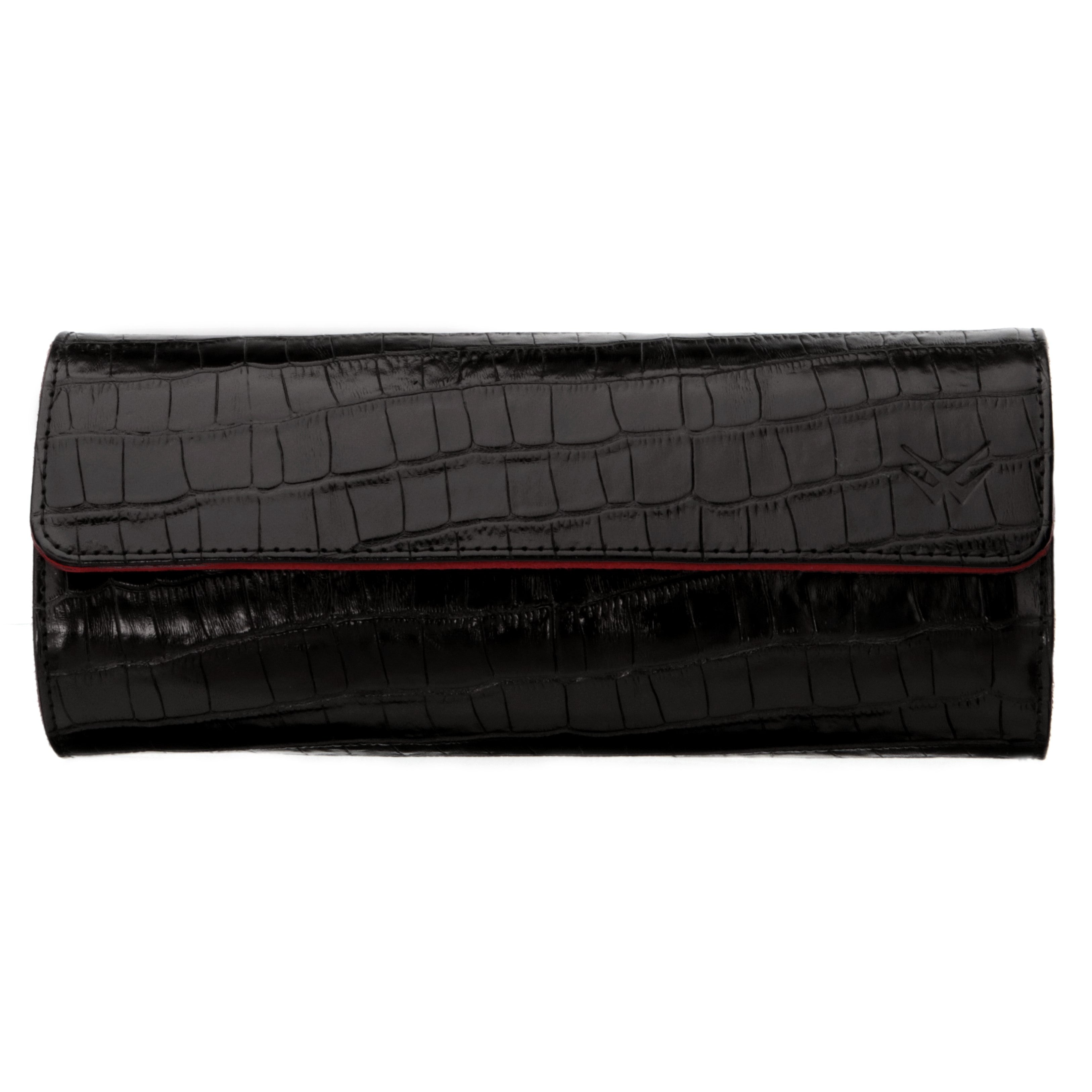 Angora Leather Watch Roll for 3 - Black / Burgundy