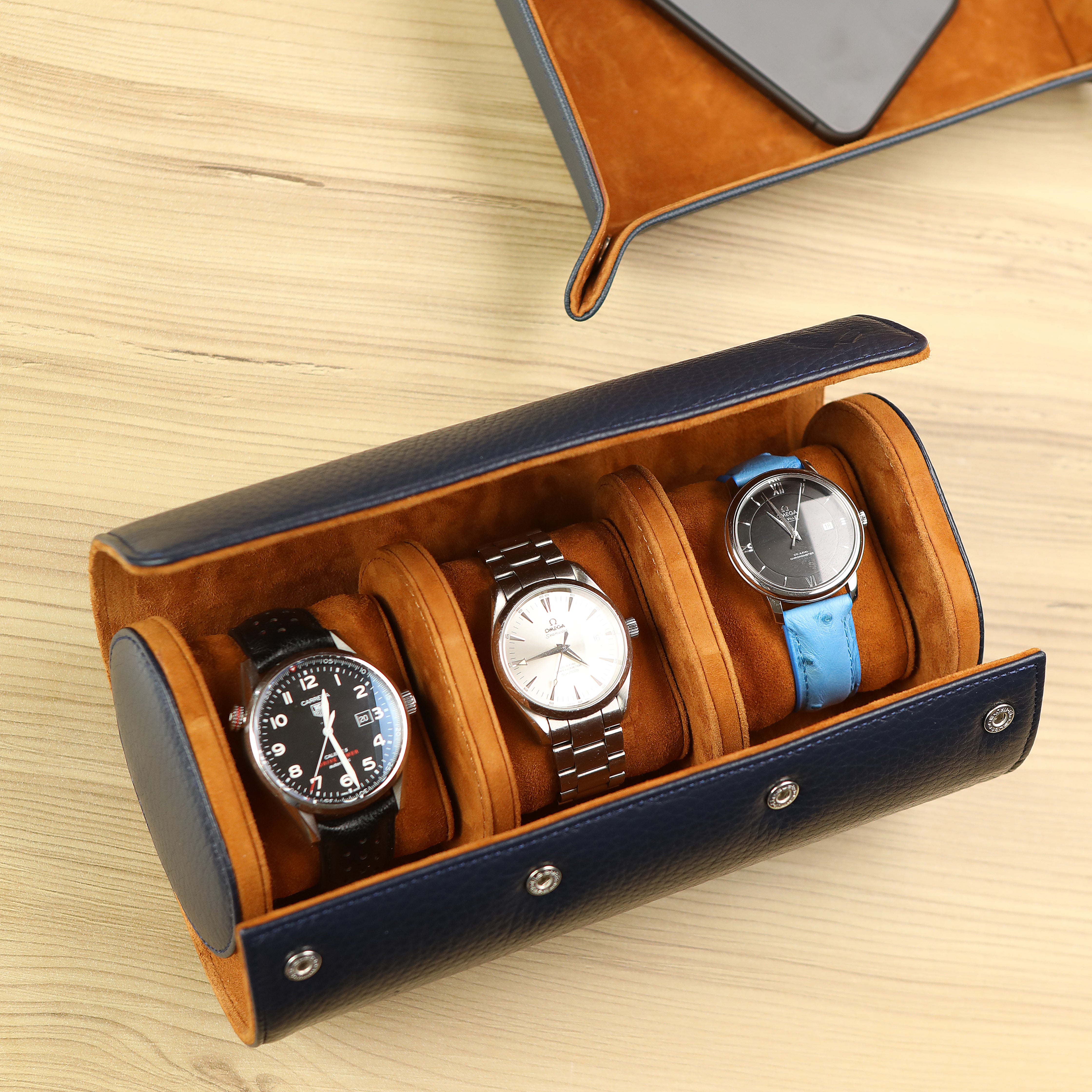 Angora Leather Watch Roll for 3 - D. Blue