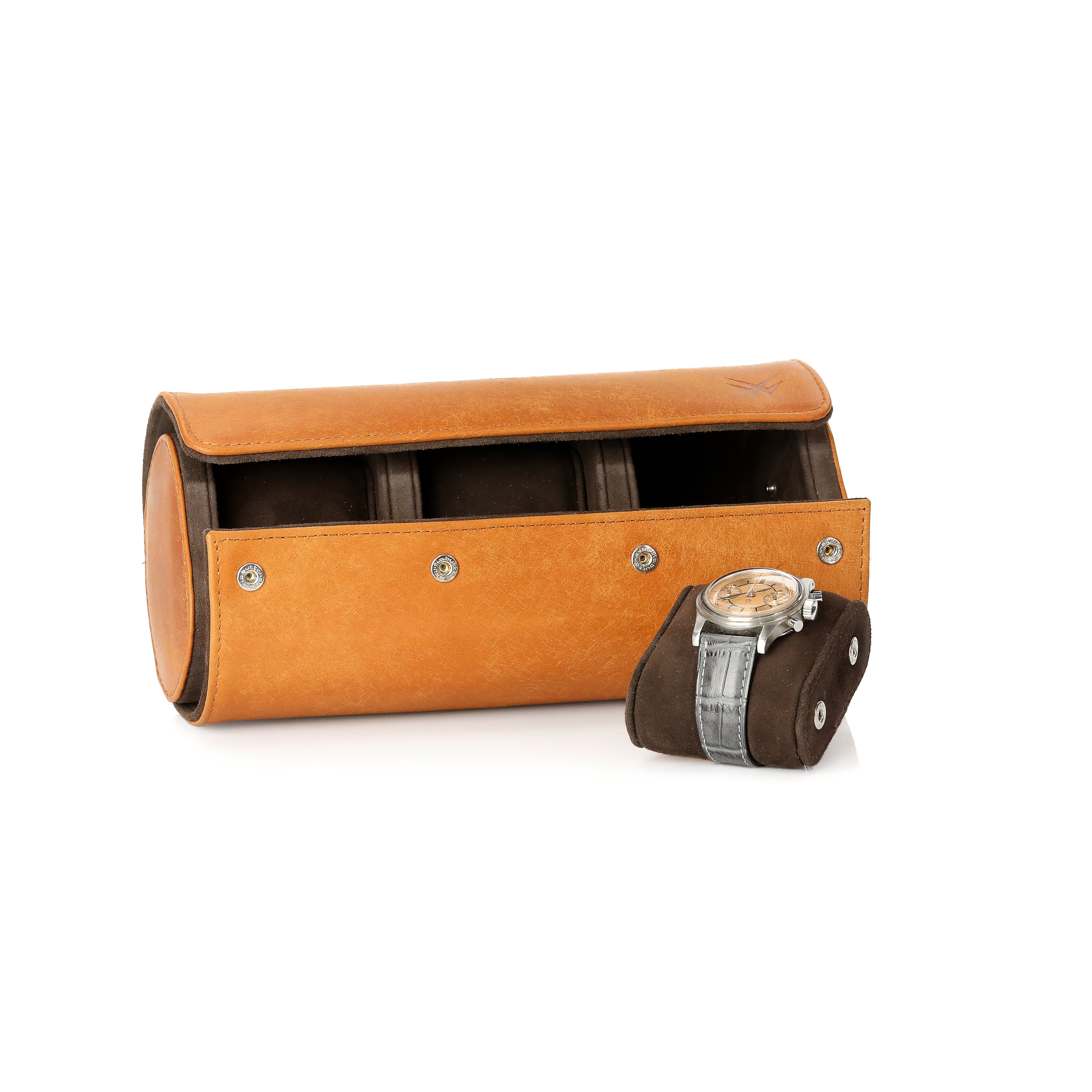 Angora Leather Watch Roll for 3 - Pueblo Tan