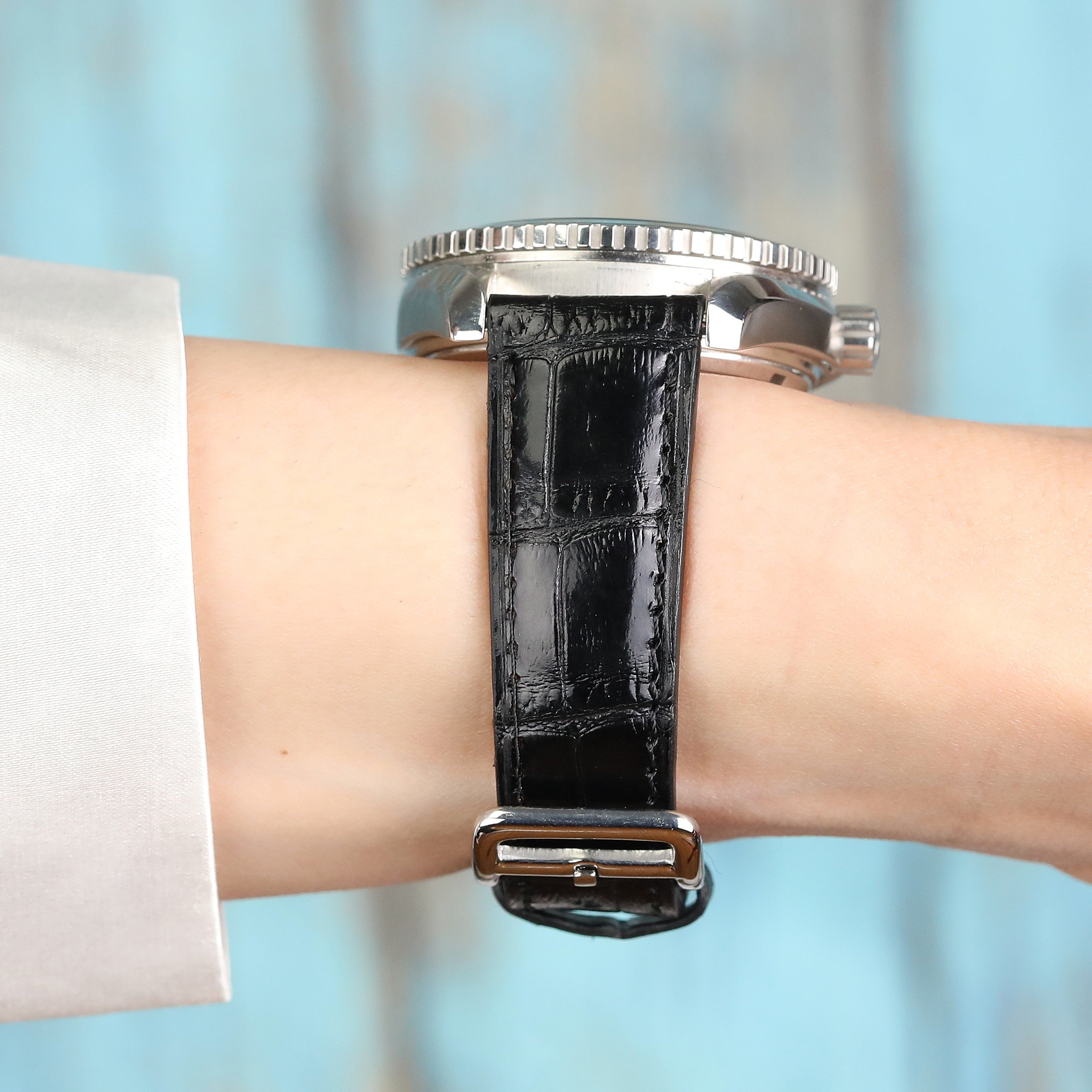 Croc. Embossed Leather Strap - Black