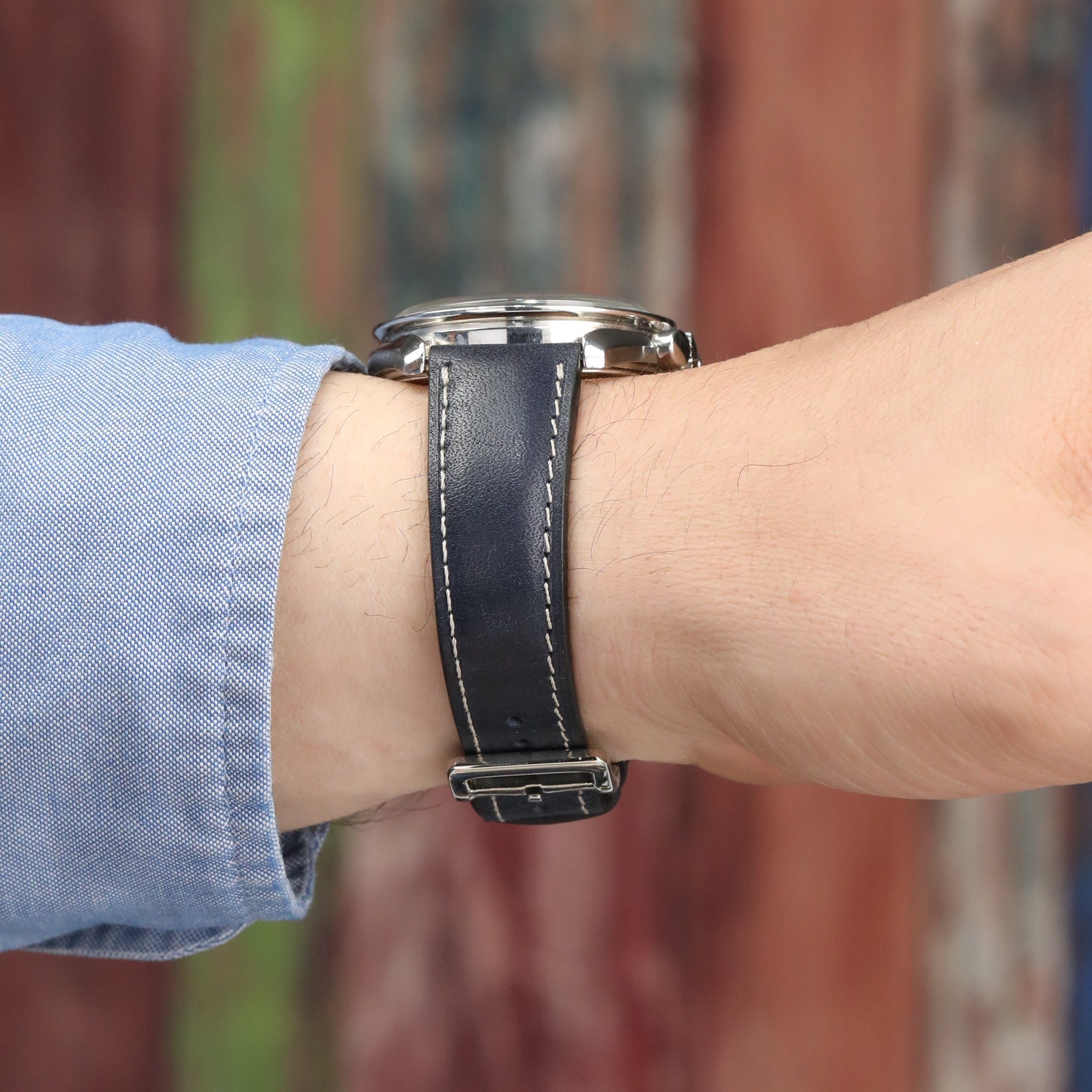 Pueblo Leather Watch Strap - D.  Blue / White