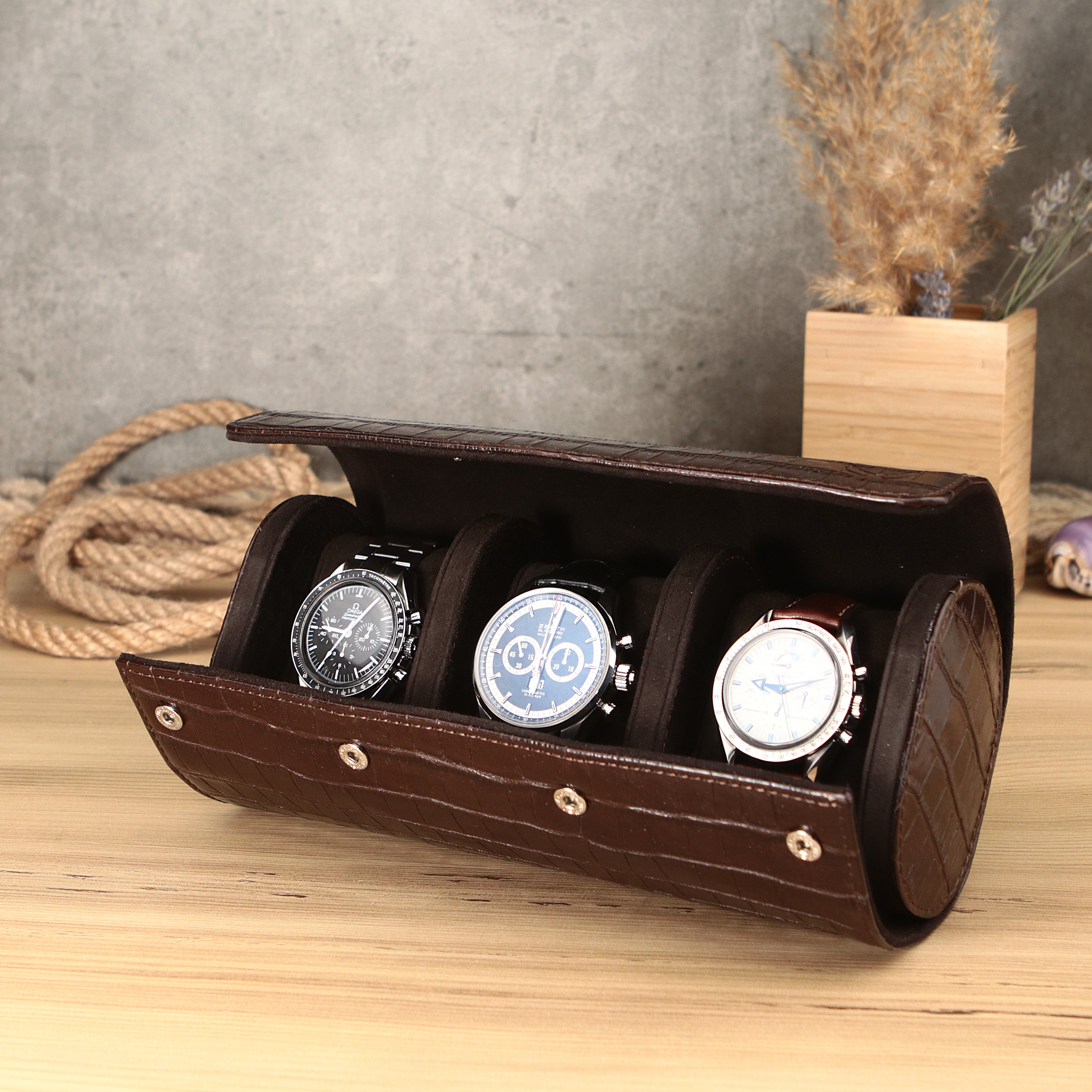 Angora Leather Watch Roll for 3 - Brown