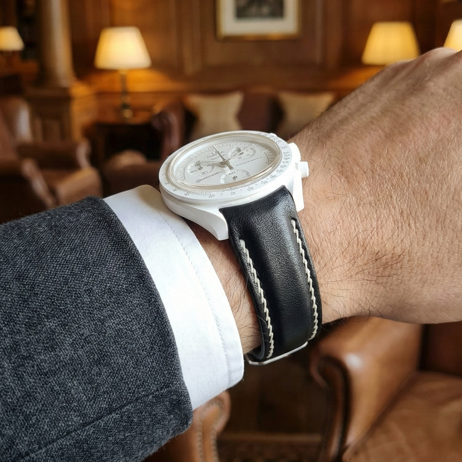 Moonswatch Compatible Leather Watch Strap / Black