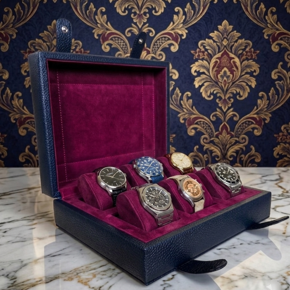 Arca Temporis Leather Watch Box for 6 / D. Blue - Burgundy