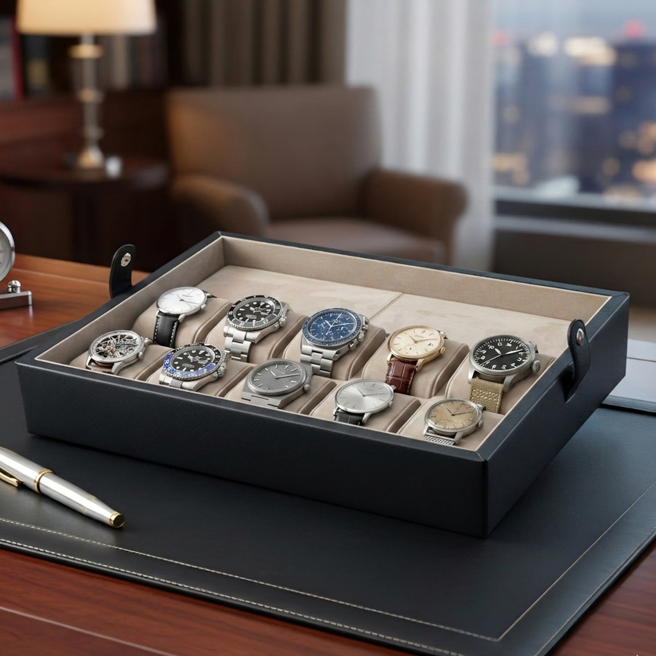 Leather Watch Box for 10 / Black - Beige