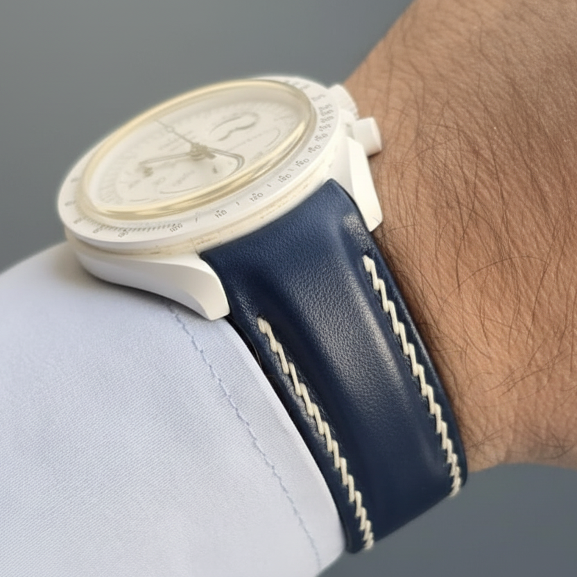 Moonswatch Compatible Leather Watch Strap / D. Blue