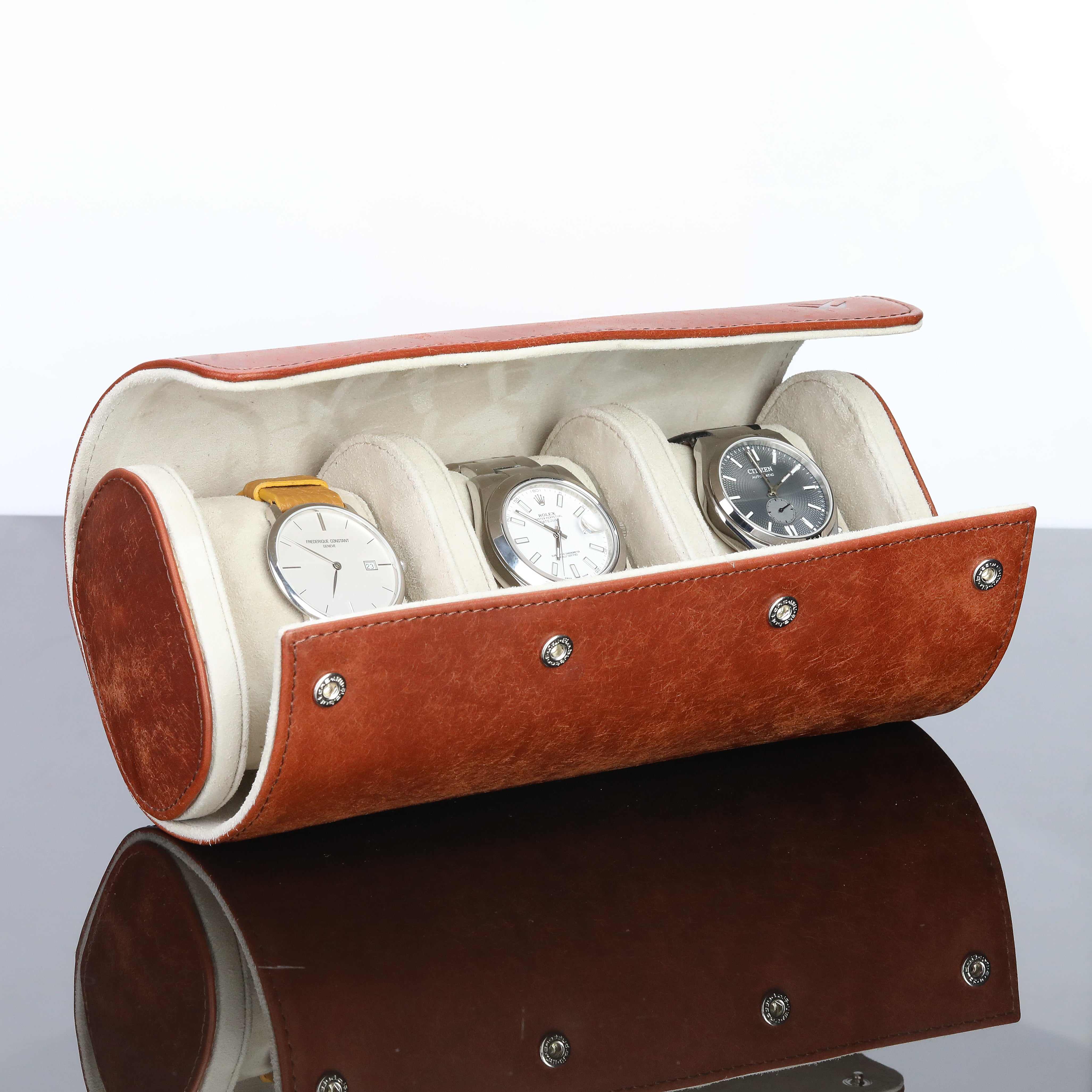 Angora Leather Watch Roll for 3 - Pueblo Brown
