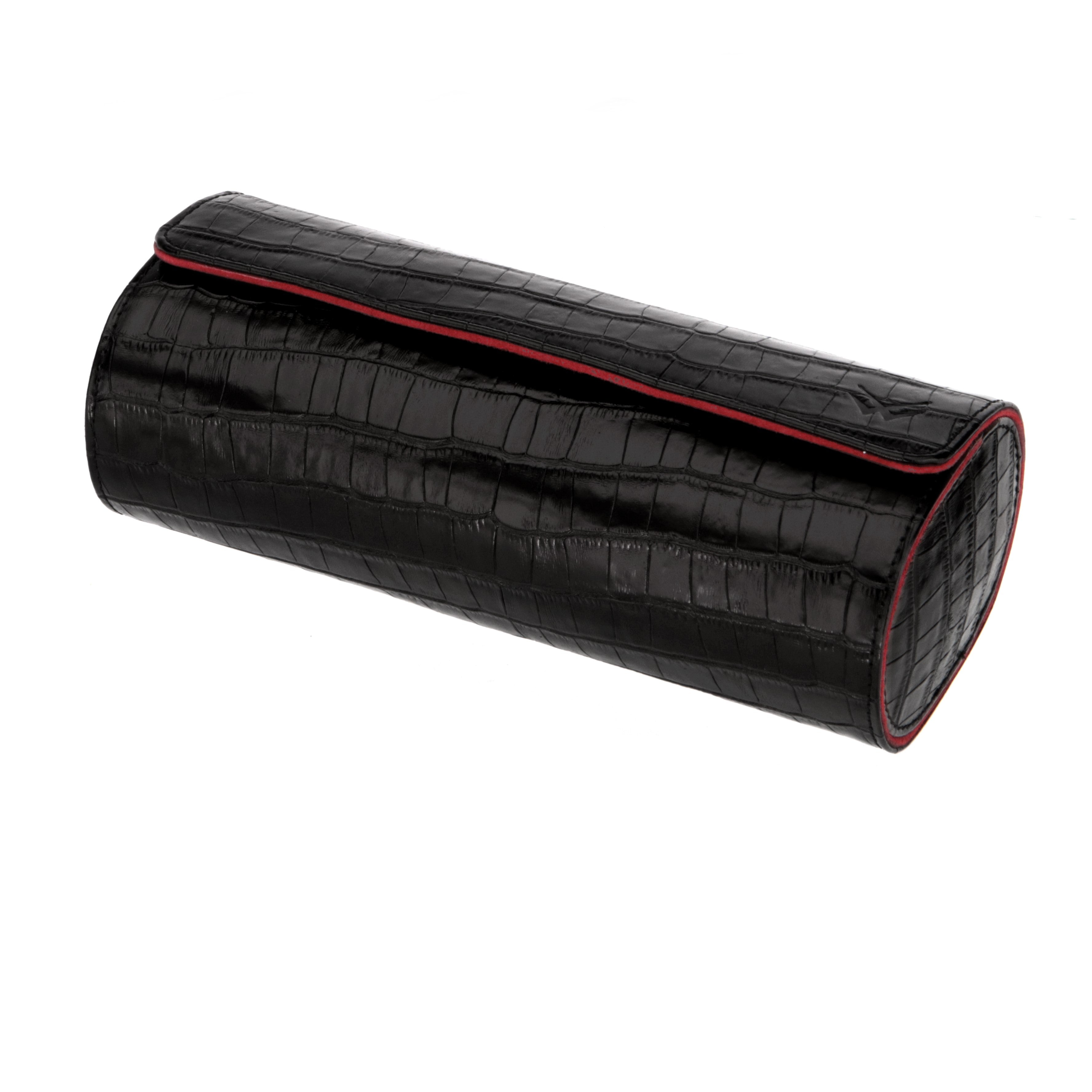 Angora Leather Watch Roll for 3 - Black / Burgundy
