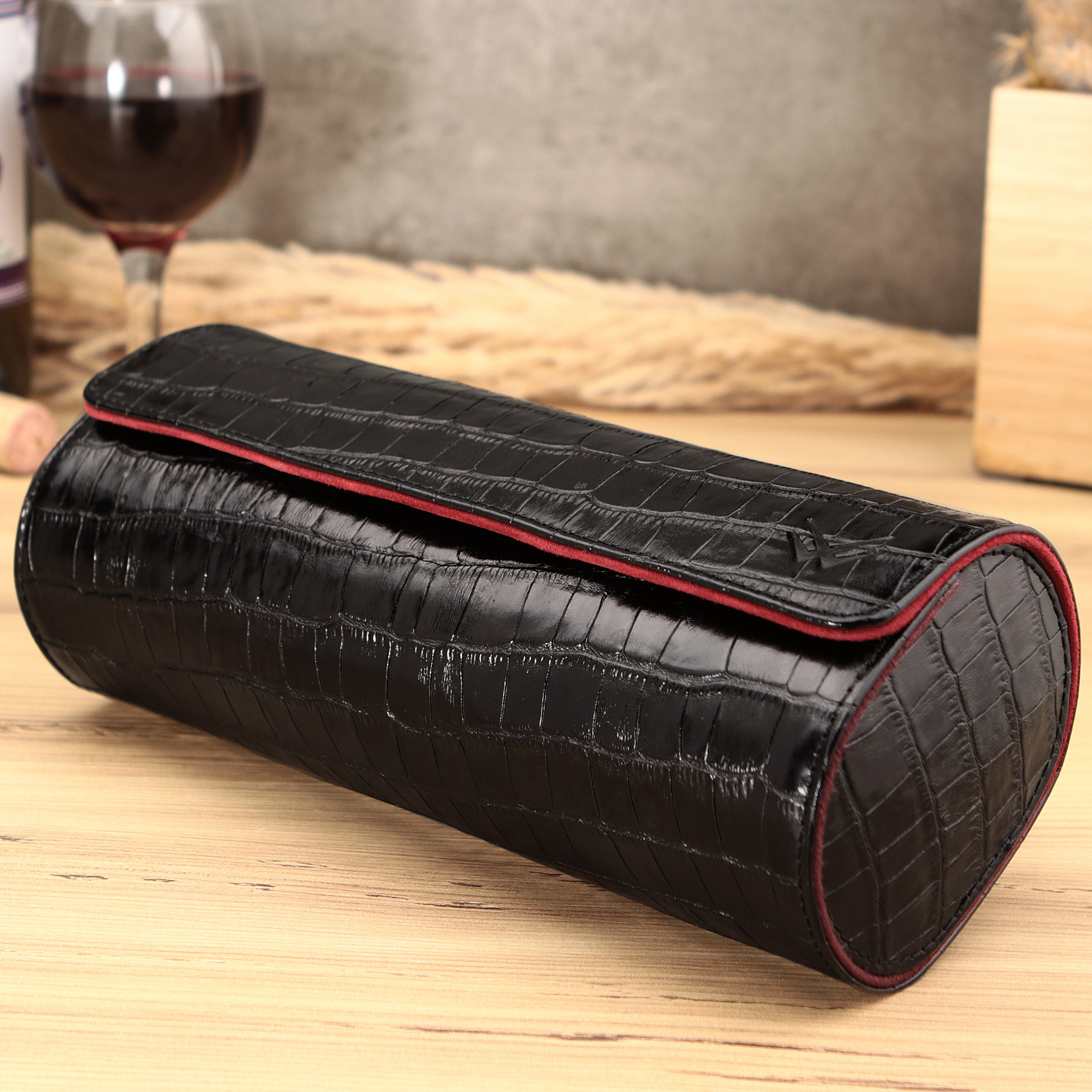 Angora Leather Watch Roll for 3 - Black / Burgundy