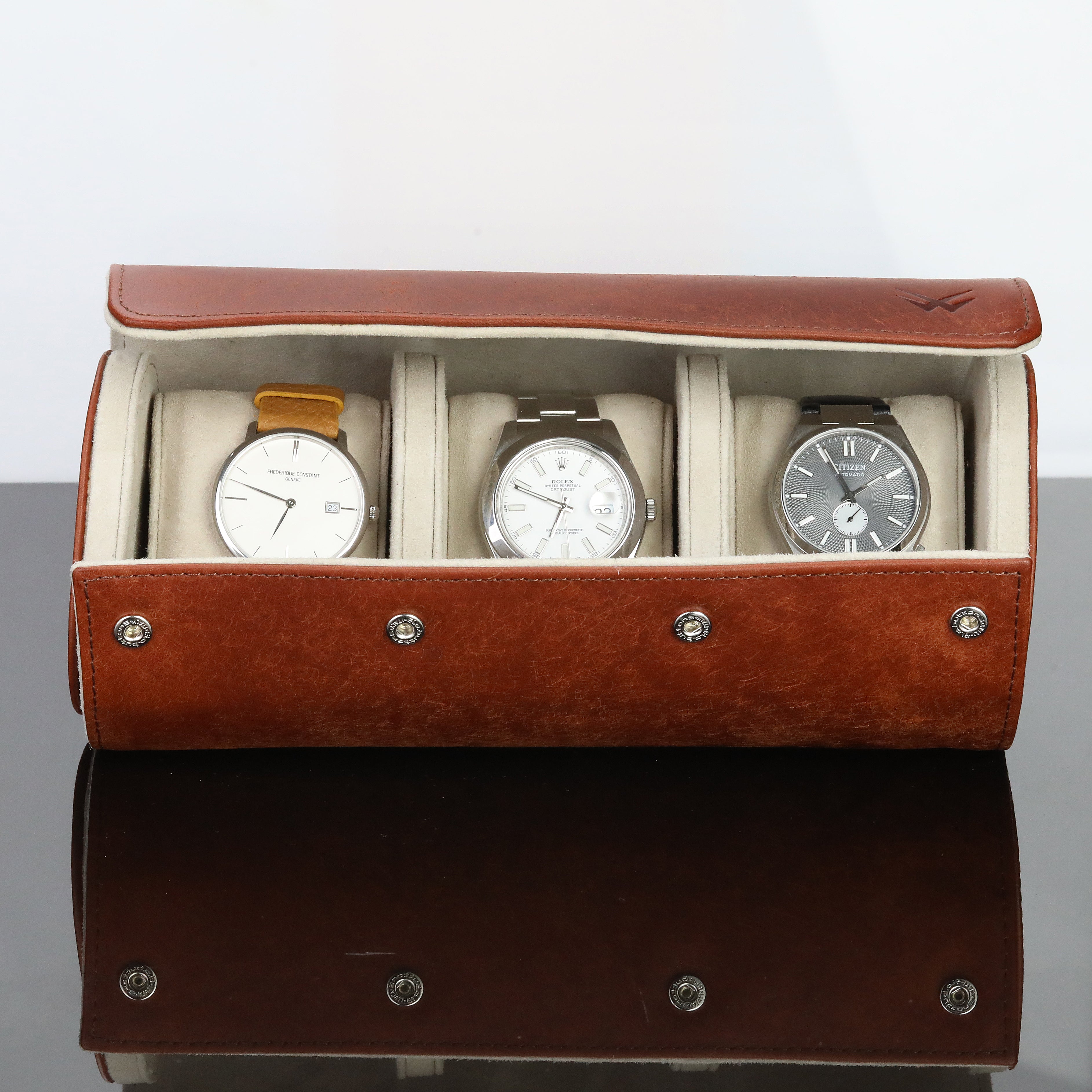 Angora Leather Watch Roll for 3 - Pueblo Brown